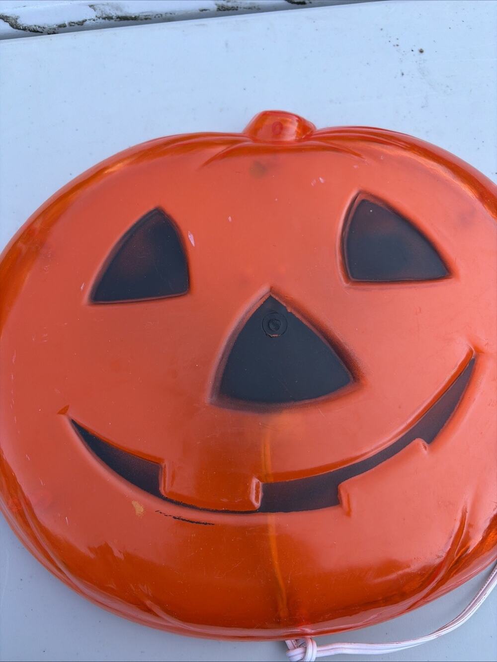 Vintage Clear Plastic Halloween Light up Flat Pumpkin Hang on Wall-Works